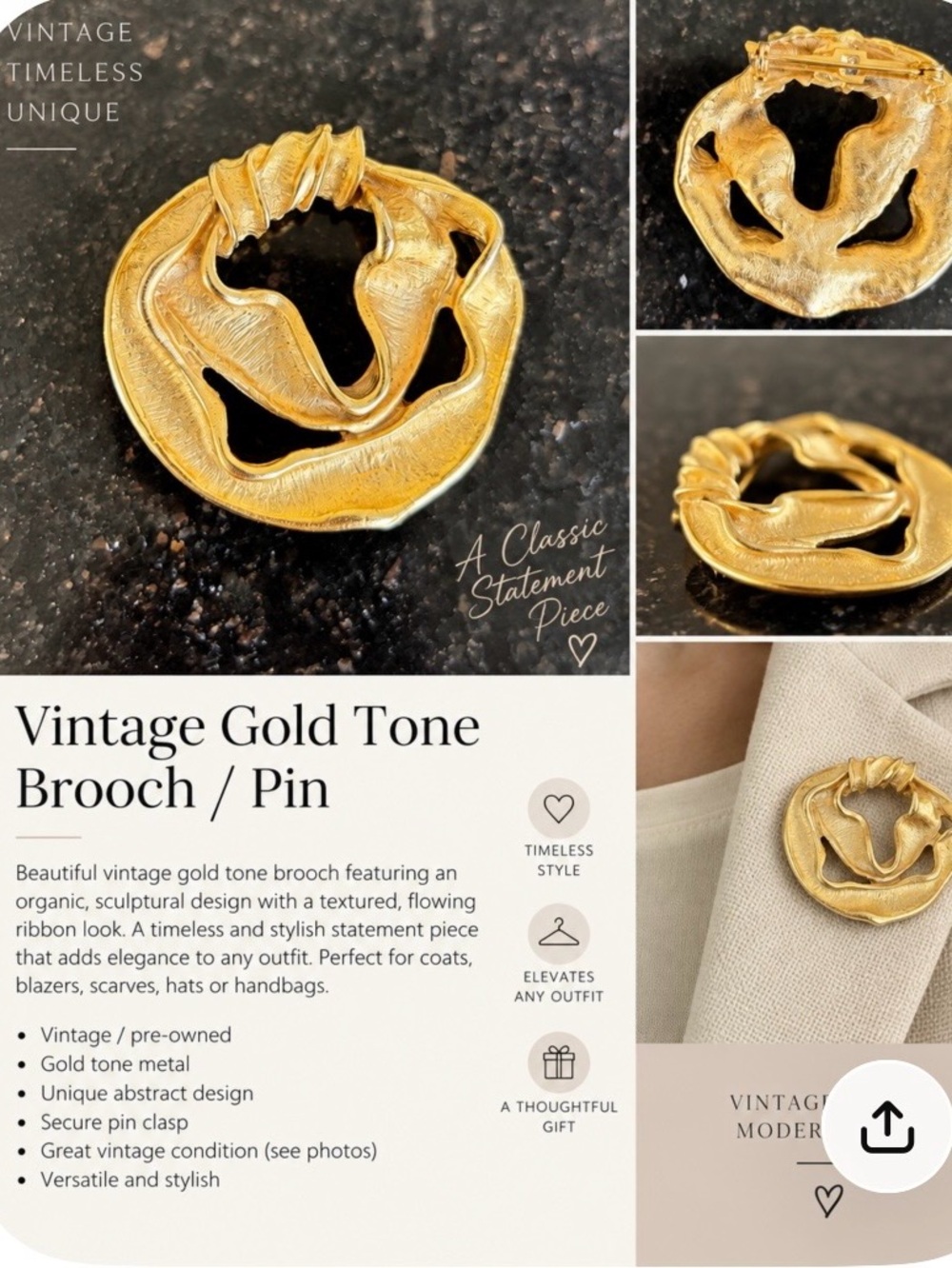 Vintage Gold-Tone Statement Brooch / Pin